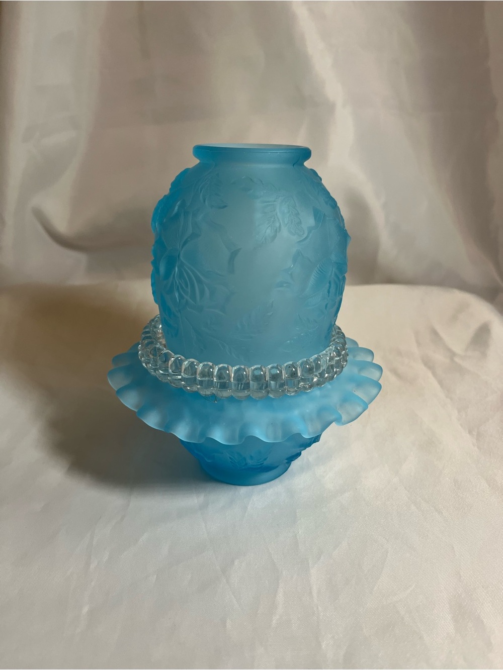 -SOLD-Fenton Blue Frosted Satin Glass Fairy Lamp Floral Embossed 3 Votive Holder